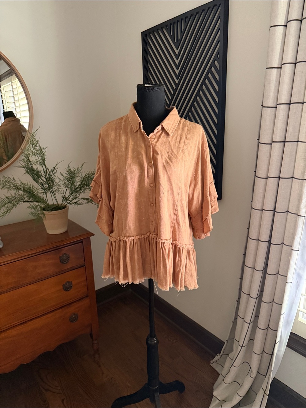 Umgee caramel  Ruffle-Hem Button Front Top medium